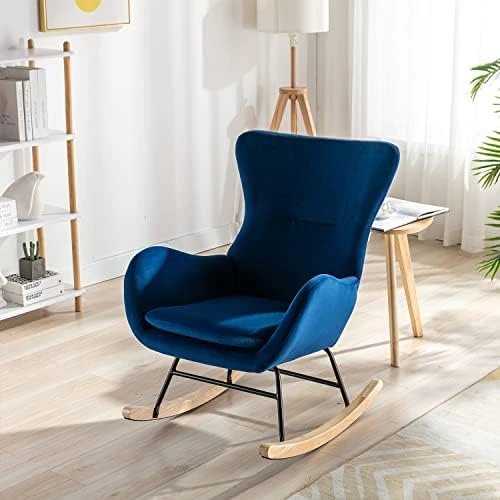 Kiztir Velvet Rocking Chair Nursery, Modern Rocking Chair With High Backrest, Comfy Accent Glider Chair For Nursery, Living Room, Bedroom (Navy) - Image 11