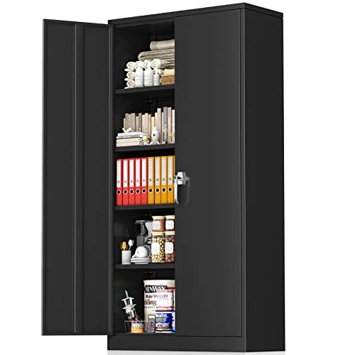 Greenvelly Metal Storage Cabinet 72β Black Garage Steel Locking Cabinet With Doors And 4 Adjustable Shelves, Tall Tool Cabinets Lockable File Cabinet For Home Office, Metal Classroom Cabinet Basement