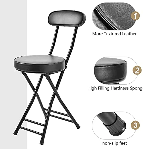Folding Stool With Back,Cushioned Padded Folding Stool 18.1 Inch, Black Portable Heavy Duty Collapsible Padded Round Stool,Foldable Bar Stool Black White - Image 5
