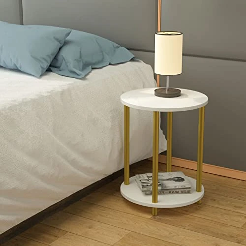 Lazyvan Gold Round Side Table, 2 Tier Small Round Coffee End Table/Nightstand For Living Room/Bedroom/Small Space,15.6"(D)*19.72"(H),Gold Metal Legs And White Faux Marble Table Top - Image 4