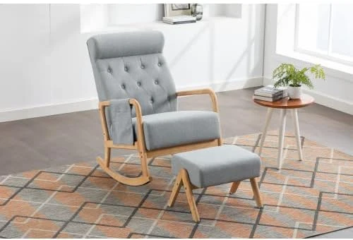 Rocking Chair, Mid-Century Modern Upholstered Fabric Rocking Armchair With Ottoman, High Back Nursery Rocker With Button Tufted Back, Accent Glider Rocker Chair For Living Room Bedroom, Black PU - Image 9