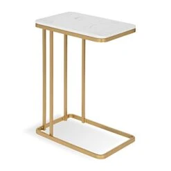 Kate And Laurel Credele Modern-Glam Sofa Side C-Table With Gold Metal Base And Man-Made Marble Top