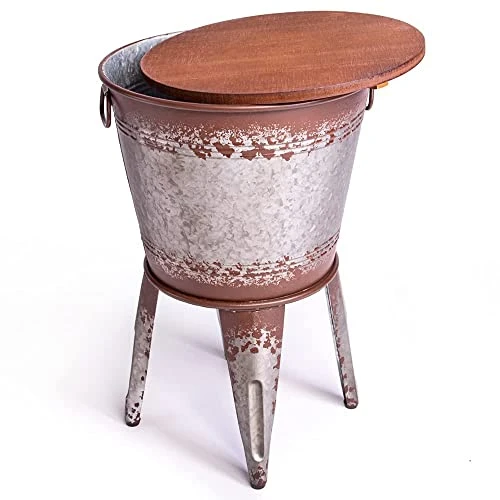 Hallops Farmhouse Accent Side Table | Galvanized Rustic Coffee Table | Metal Storage Ottoman Wood Cover With Stand| Farmhouse Decor Storage Bench With Legs(Set Of 1, Distressed Rustic)