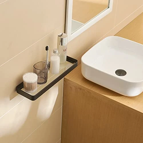 Danpoo Black Floating Shelf Bathroom Wall Shelf, 16" Tempered Glass Shelf Wall Mounted - Image 4