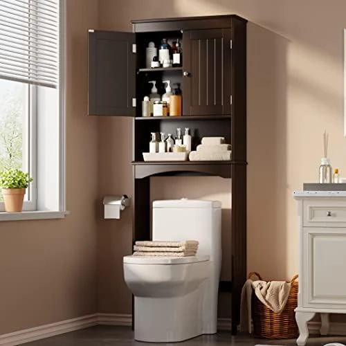 Gizoon Over The Toilet Storage Cabinet With Adjustable Shelf And Double Doors, Bathroom Space Saver Organizer Above Toilet With Open Shelf, Taller Wooden Free Standing Toilet Rack -White - Image 6