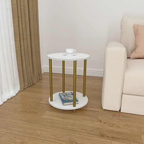 Lazyvan Gold Round Side Table, 2 Tier Small Round Coffee End Table/Nightstand For Living Room/Bedroom/Small Space,15.6"(D)*19.72"(H),Gold Metal Legs And White Faux Marble Table Top - Image 2