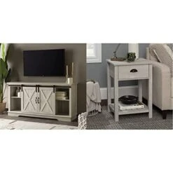 Walker Edison Richmond Modern Farmhouse Sliding Barn Door TV Stand, Stone Grey & Farmhouse Square Side Accent Table Set-Living-Room Storage End Table, 18 Inch, Stone Grey