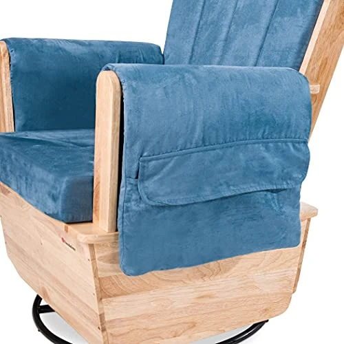 Foundations SafeRocker Steel Swivel Glider Rocker, Wood Base, Blue Microfiber Cushion - Image 5