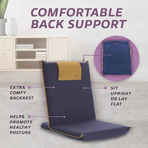 BonVIVO III Floor Chair With Back Support - Floor Gaming Chair, Padded Folding Sofa Chair, Folds Half, Adjustable Meditation Chair, Portable Floor Seat For Adults And Kids, Folds Half - Blue & Beige - Image 4