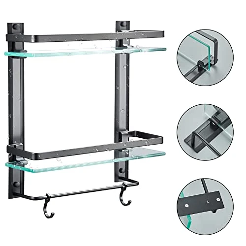 AIJALY Bathroom Glass Shelf,Aluminum Tempered Glass 0.34in Extra Thick Rectangular 2 Tier Storage Organizer Wall Mount,Black 15.7in - Image 4