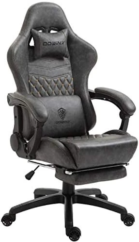 Dowinx Gaming Chair Office Chair PC Chair With Massage Lumbar Support, Vintage Style PU Leather High Back Adjustable Swivel Task Chair With Footrest (Light Grey) - Image 8