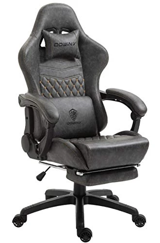 Dowinx Gaming Chair Office Chair PC Chair With Massage Lumbar Support, Vintage Style PU Leather High Back Adjustable Swivel Task Chair With Footrest (Light Grey)