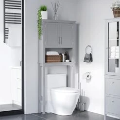 Kleankin Modern Over The Toilet Storage Cabinet, Double Door Bathroom Organizer With Inner Adjustable Shelf And Open Shelf, Grey