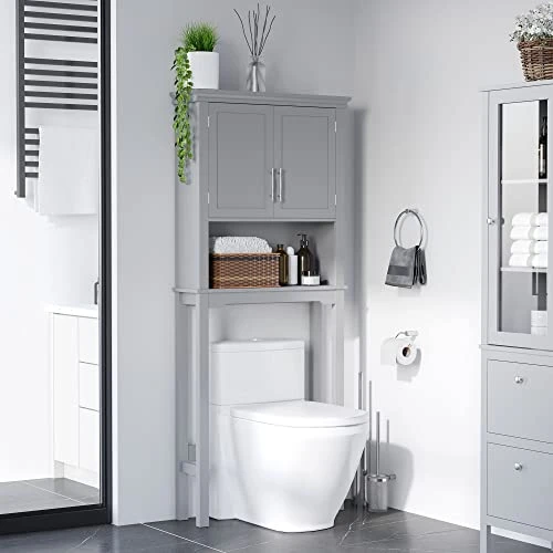 Kleankin Modern Over The Toilet Storage Cabinet, Double Door Bathroom Organizer With Inner Adjustable Shelf And Open Shelf, Grey