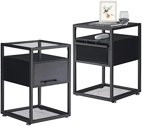 VECELO End Tables,Glass Top Nightstands With Drawer And Metal Frame,Set Of 2 For Living Room,Bedroom,Lounge,2 Set, Antique Brown - Image 9