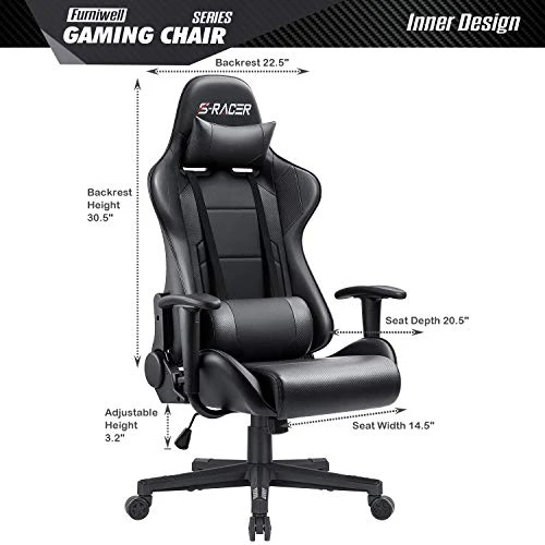 Furniwell Gaming Chair Racing Computer Chair Office Desk Chair Adjustable Swivel High Back Carbon Fiber Style Leather Executive Ergonomic Chair With Headrest And Lumbar Support (Black) - Image 7