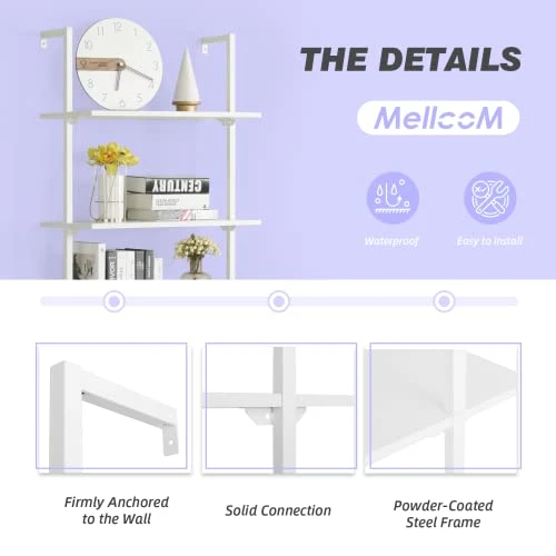 MELLCOM 5 Tier Industrial Ladder Shelf, Wood Modern Bookshelf With White Metal Frame, Wall-Mounted Plant Flower Storage Organizer For Living Room, Bathroom, Kitchen, Balcony - Image 4