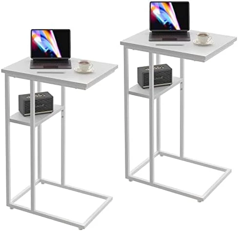 Innerjoin C Shaped End Table, Side Table With Metal Frame, TV Tray Table For Couch, Sofa Table For Living Room Bedroom, Bedside, Rustic Vintage Style, White - Image 9