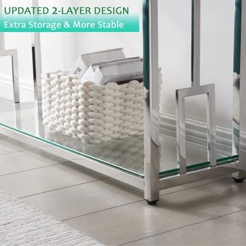 Sofa Table, Glass Console Table With 2-Tier Storage Shelves, Modern End And Narrow Entryway Table For Living Room, Hallway, And Bedroom, Stainless Steel Frame With Geometry Shape - Image 4