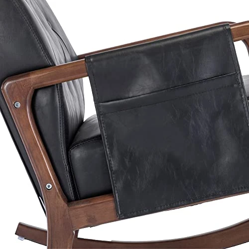 Rocking Chair With Ottoman, Mid-Century Upholstered Rocking Armchair With Thick Padded Cushion & Side Pocket & High Backrest, Nursery Glider Rocker Chair For Living Room Bedroom, Black PU - Image 3