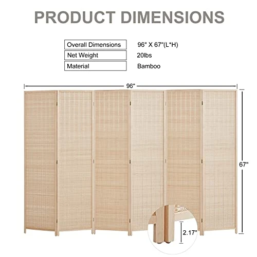 Room Divider Privacy Screen 16" Room Dividers And Folding Privacy Screens 6 Panel Room Divider Wall 5.6FT Tall Bamboo Room Divider Partitions/Separator - Image 3