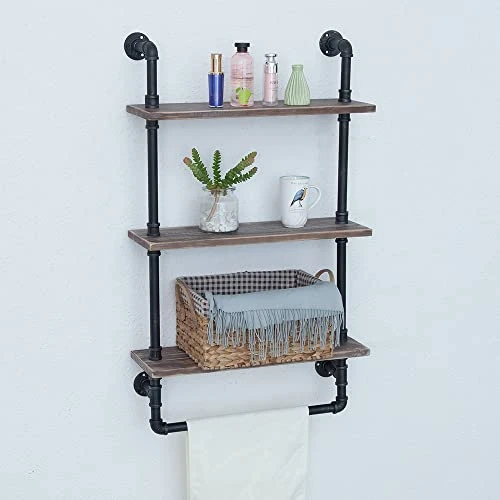 JIANZHUO Industrial Wood Bathroom Shelf Over Toilet With Towel Bar,Rustic Bathroom Shelves Floating Shelves 3 Tier,24in Pipe Shelves Pipe Shelf Towel Racks Wall Mounted,Farmhouse Pipe Shelving - Image 2