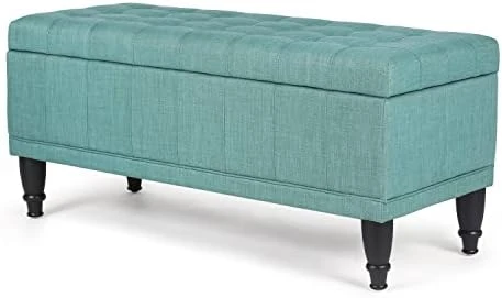 Asense Linen Fabric Rectangle Tufted Lift Top Storage Ottoman Bench, Footstool With Solid Wood Legs Upholstered Storage Bench (Noble Beige) - Image 10