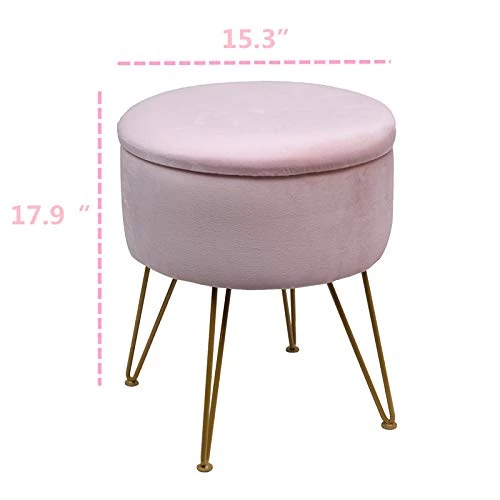 Ubrand Ottoman Velvet Storage Footrest Stool Round Dressing Upholstered Vanity Chair,Makeup Footstool With Golden Metal Legs Non-Slip Mats For Living Room And Bedroom-Pink