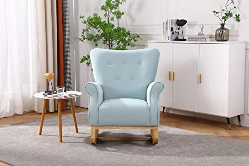Yoluckea Modern Rocking Chair, Upholstered Rocking Armchair Accent Chair Comfy Wingback Glider Rocker With Safe Solid Wood Base For Nursery, Playroom, Bedroom And Living Room (Light Blue) - Image 2