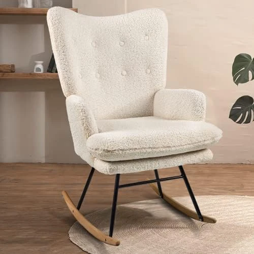 Waleaf Rocking Chair Nursery Teddy Upholstered Glider Rocker Rocking Accent Chair Padded Seat With High Backrest Armchair Bedroom Chair Comfy Chair (Grey) - Image 8