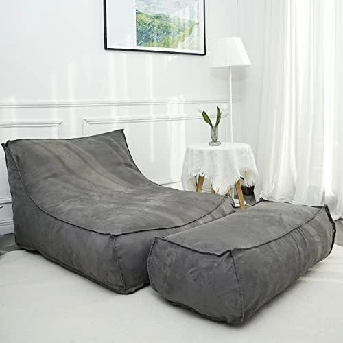 N&V Giant Foam Filling Floor Sofa, Extra Large High Density Foam Bean Bag, Faux Chamois Cover, Independent Linen (Grey, With Ottoman) - Image 6