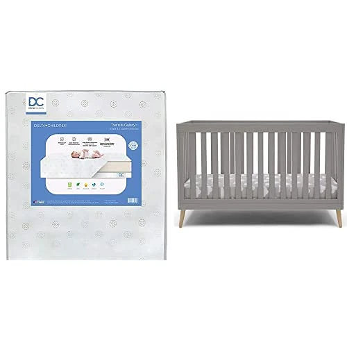 Delta Children Essex 4-in-1 Convertible Baby Crib, Grey With Natural Legs + Delta Children Twinkle Galaxy Dual Sided Recycled Fiber Core Crib And Toddler Mattress (Bundle)
