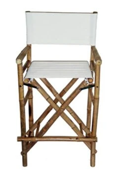 Tall  Bamboo Director Chair For Bar Counter, White Canvas, Set Of 2