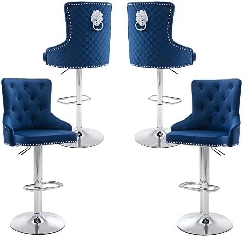 GOOLON Velvet Bar Stool Set Of 2 Lion Pull Ring Swivel Chair For Kitchen Counter Nailhead Upholstered Barstools Height Adjustable Barstools With Chrome Base For Dining Room Kitchen Gray - Image 10