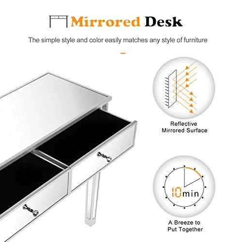 VINGLI Mirrored Console Table With 2 Drawers Mirrored Desk For Entryway Silver Vanity Table For Bedroom Modern Sofa Table - Image 3