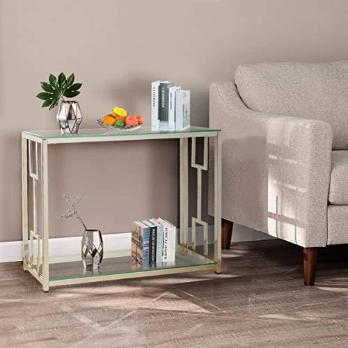 Sofa Table, Glass Console Table With 2-Tier Storage Shelves, Modern End And Narrow Entryway Table For Living Room, Hallway, And Bedroom, Stainless Steel Frame With Geometry Shape - Image 6