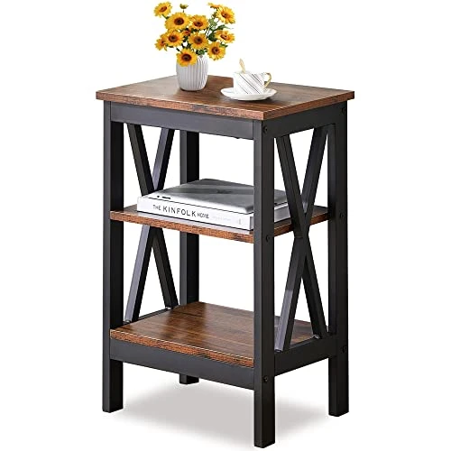 VECELO Modern Versatile Nightstands X-Design Side End Table Night Stand Storage Shelf With Bin Drawer For Living Room Bedroom, Antique Brown