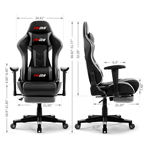 IWMH Gaming Chair, Racing Ergonomic Office Computer Chair With Footrest, High Back Reclining Desk Chair, Adjustable Leather Gamer Chair With Headrest And Lumbar Support, Gray