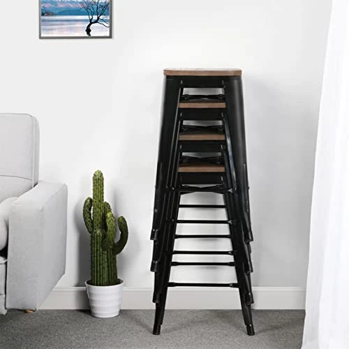 Yaheetech Metal Bar Stools 26 Inch Stackable Barstools Wooden Seat Bar Chairs Count Height Barstool With Wood Seat For Bistro/Patio/Cafe/Restaurant/Dining Room/Kitchen Set Of 4 Black - Image 3