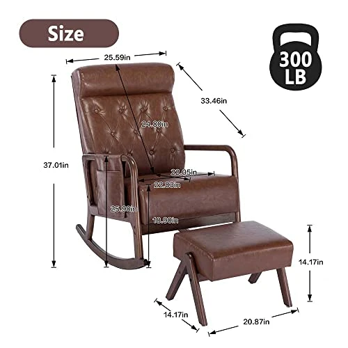 UPYOOE Nursery Rocking Chair Mid-Century Modern Chair With Ottoman Leather Arm Chair High Back with Side Pocket Comfy Glider Rocker Chair For Living Room Baby Room Bedroom (Brown PU Leather) - Image 2