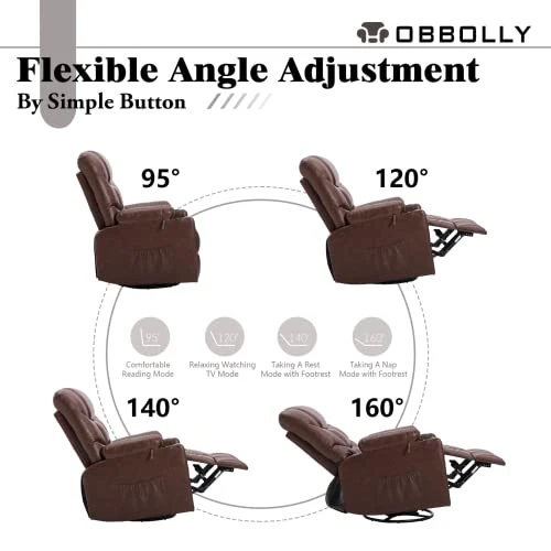 OBBOLLY Manual Swivel Glider Rocker Recliner Chair-Nursery Rocking Recliner Chair,Wingback Design 360° Swivel Chair With Lumbar Pillow, Cup Holders, Side Pockets For Living Room (PU Brown, Single) - Image 3