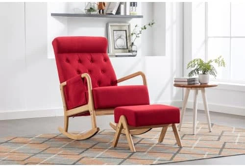 Rocking Chair With Ottoman, Mid-Century Modern Rocking Armchair, High Back Nursery Rocker With Button Tufted Back, Accent Glider Rocker Chair With Side Pocket For Living Room Bedroom, Yellow - Image 11