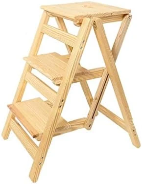 DINGZZ Folding Step Stool 3 Tier Wood Ladder, Stool And Storage Shelf, Multifunction Pine Wood Foldable (Color : Wood Color) - Image 6