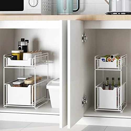 HUOLE Under Sink Storage Shelf With 2 Levels Sliding Baskets And Non-Slip Pad For Kitchen Bathroom (37.4 X 26.5 X 44 Cm, White), 1 Piece