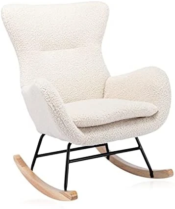 Tsuysi Teddy Rocking Chair Nursery, Upholstered Rocking Chairs With High Backrest And Armrests, Small Glider Chair For Nursery, Living Room, Bedroom (Beige) - Image 7