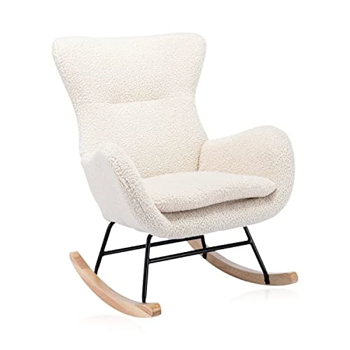 Tsuysi Teddy Rocking Chair Nursery, Upholstered Rocking Chairs With High Backrest And Armrests, Small Glider Chair For Nursery, Living Room, Bedroom (Beige)