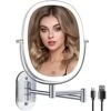 FUNTOUCH Rechargeable Wall Mounted Lighted Makeup Vanity Mirror, Double Sided 1X/7X Magnifying Mirror, 3 Lighting Option Dimmable, Extension Foldable Arm, Oval Frame Lighted Bathroom Magnifying Mirror