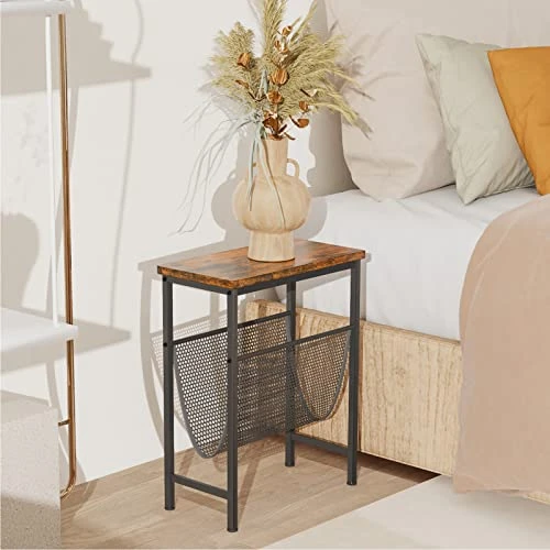 Tangkula Narrow Side Table, End Table With Magazine Holder, 19.5 X 10 X 24 Inch, Wood Look & Black Metal Frame, Skinny Rectangle Sofa End Or Side Table For Small Spaces, Industrial Nightstand(1) - Image 4