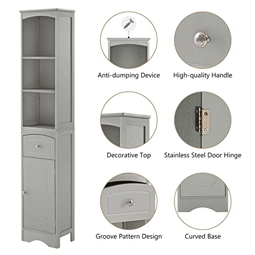 BNSPLY Tall Bathroom Cabinet With Shelves And Drawer, Slim Storage Tower With Adjustable Shelves, Narrow Bathroom Cabinet, Linen Cabinet For Bedroom, Living Room (Grey, 13.4" L X 9" W X 67" H) - Image 5