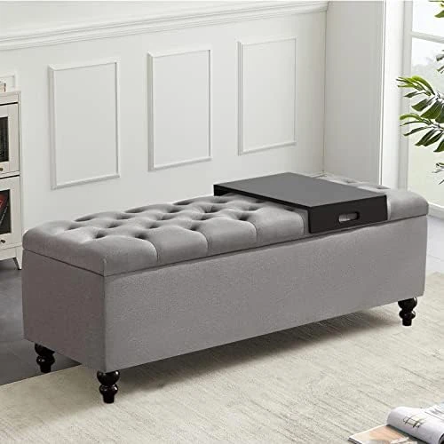 Storage Ottoman 50.2 Inches Upholstered Fabric Storage Ottoman Bench,Button Tufted Ottoman With Storage For Living Room (Navy Blue) - Image 8